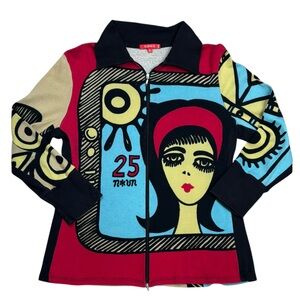 VTG Y2K Noun Paris Colourful 3/4 Sleeve 2 Way Zip Wearable Art Cardigan Sweater